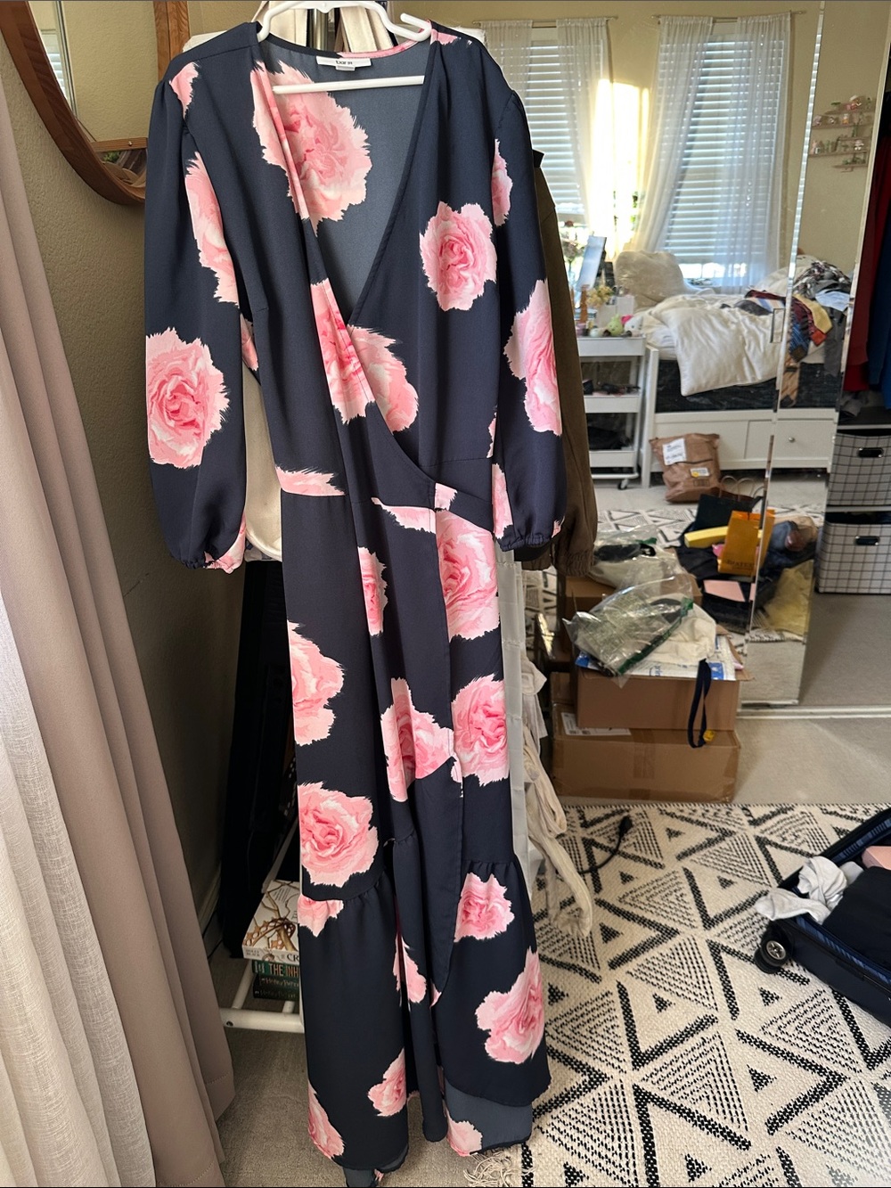 Never worn like new Navy Maxi Wrap Dress with Pink Floral Print